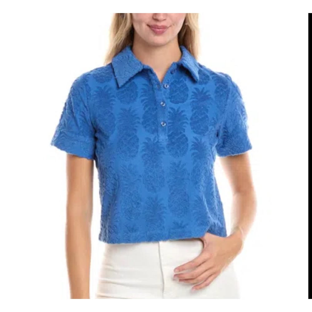 Tori Richard Pineapple Bungalow Charlene Blue Textured Polo Shirt Women's Size S